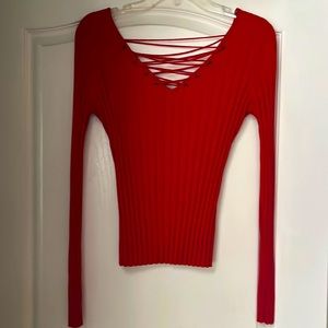 Red Lace-Up Ribbed Women's Top